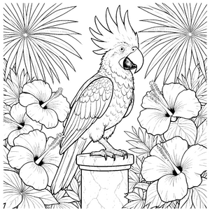 Majestätischer Kakadu mit Hibiskusblüten Ausmalvorlage für mutige Tropenfreunde
