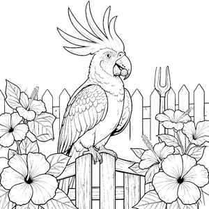 stolzer Kakadu mit Hibiskusblüten Ausmalvorlage für neugierige Naturbegeisterte