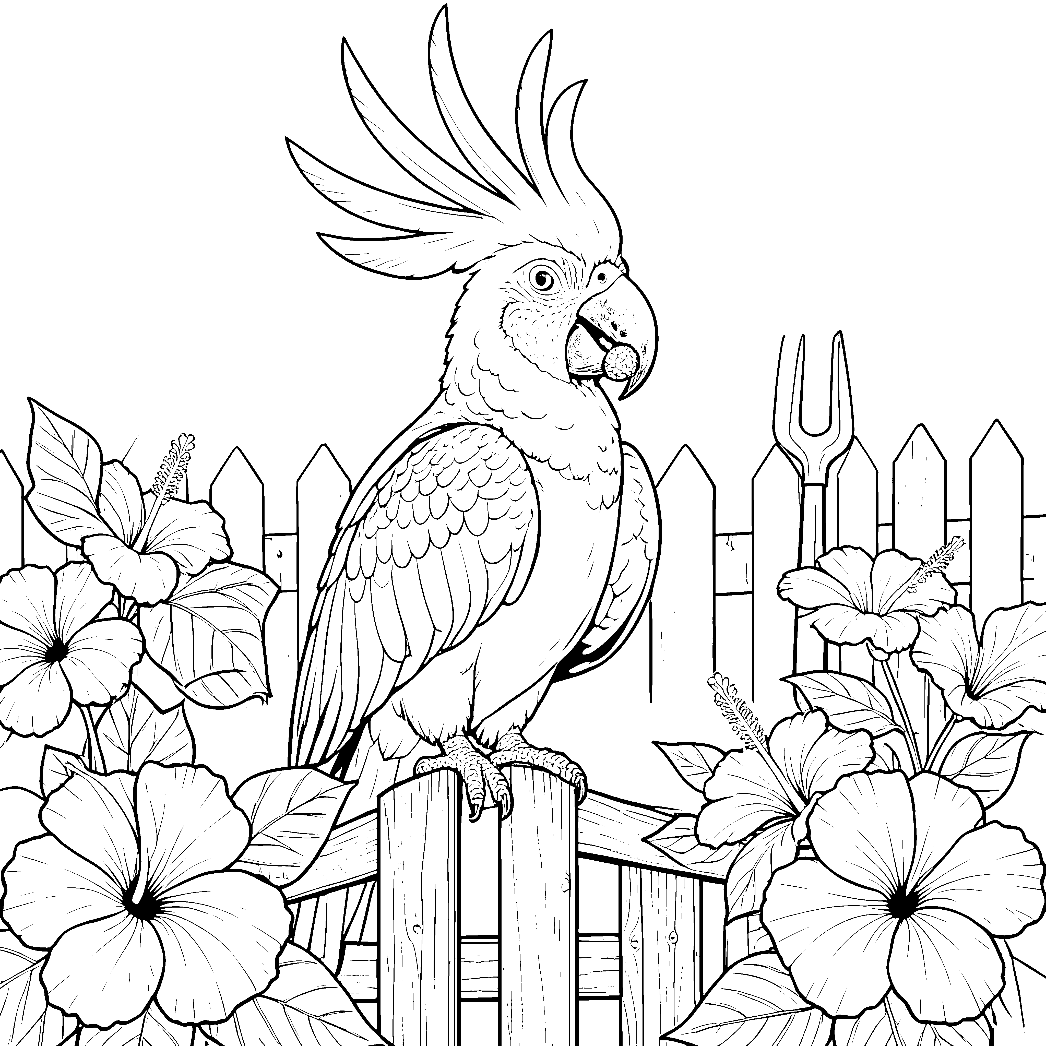 stolzer Kakadu mit Hibiskusblüten Ausmalvorlage für neugierige Naturbegeisterte
