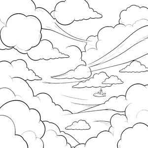 Abenteuerliches Flugzeug zwischen bauschigen Wolken Malbild für mutige Luftfahrer
