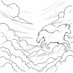 Dynamisches Pferd in bauschigen Wolken Ausmalbild für mutige Himmelsreiter