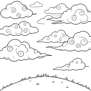 Verspielte Wolken über einer Grasfläche Malvorlage für malfreudige Himmelsbeobachter