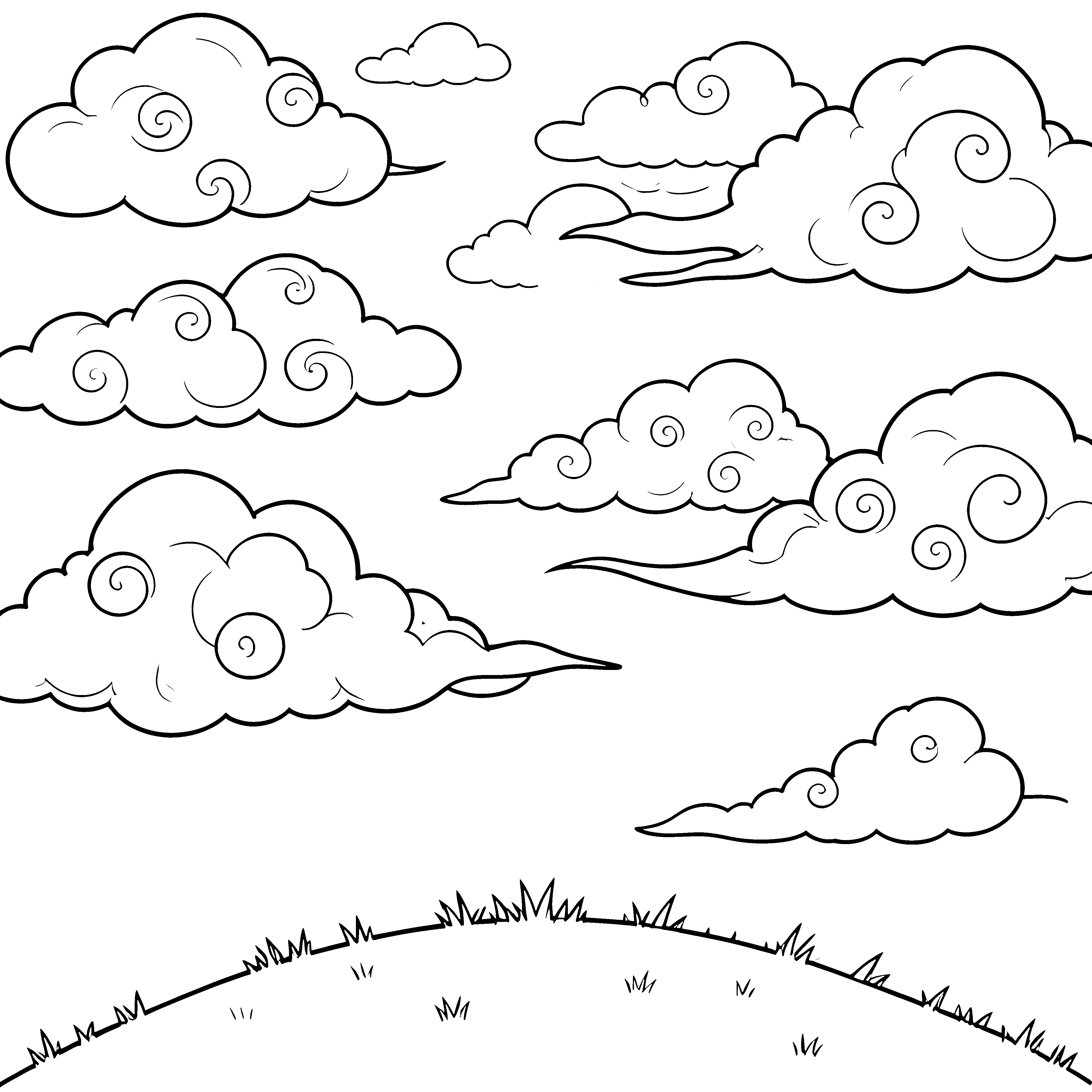 Verspielte Wolken über einer Grasfläche Malvorlage für malfreudige Himmelsbeobachter