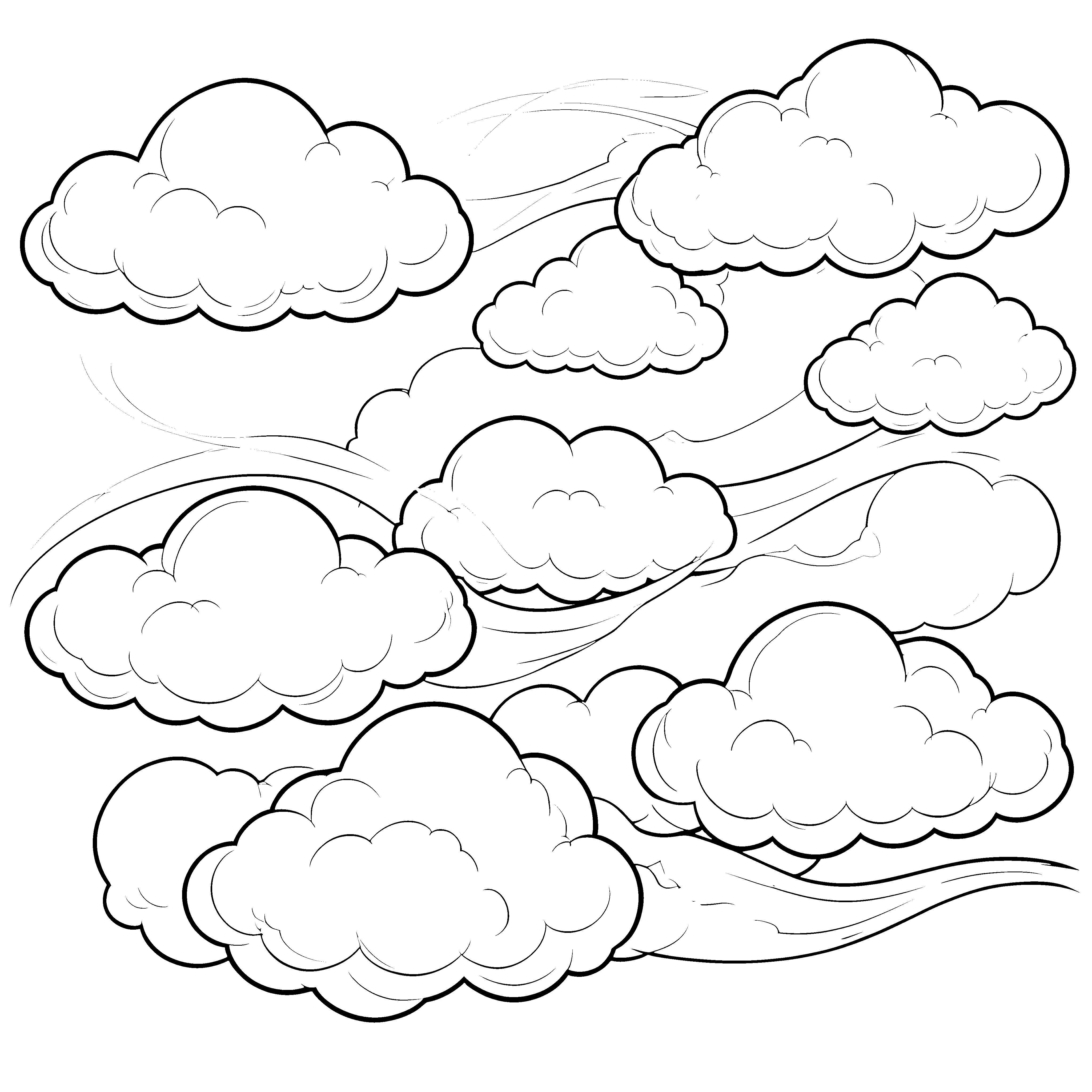 Verspielte Wolken mit Linien Malvorlage für mutige Himmelsträumer