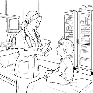 Geduldige Krankenschwester mit Teddybär Ausmalbild für fröhliche Krankenhausbesucher