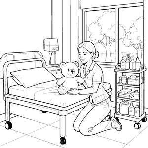 liebevolle Krankenschwester mit Teddybär Ausmalvorlage für kreative Pflegeschüler