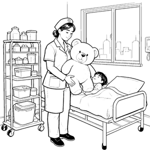 Liebevolle Krankenschwester mit Teddybär Ausmalbild für kleine Krankenhausbesucher