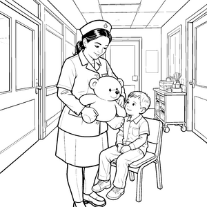 Herzliche Krankenschwester mit Teddybär Ausmalbild für verträumte Patienten