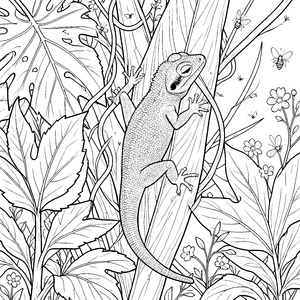 Lebhafter Gecko im tropischen Blättermeer Bastelvorlage für Dschungelträumer