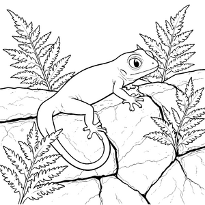 Flinker Gecko auf Felsen mit Farnen Ausmalbild für malfreudige Urwaldkinder