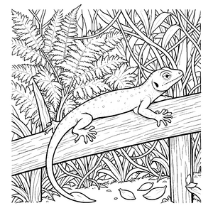 Abenteuerlicher Gecko auf Baumstamm Ausmalbild für kleine Urwaldforscher