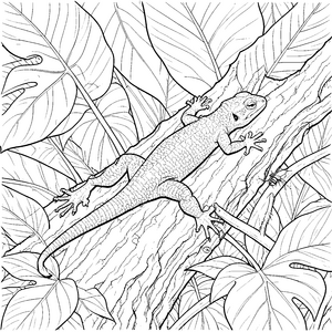 Wachsamer Gecko am Baumstamm Ausmalvorlage für kreative Dschungelprofis