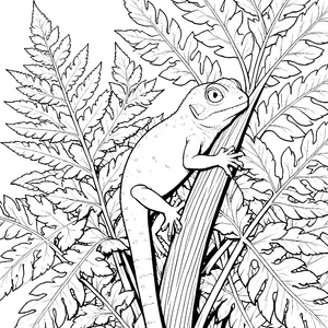 Flinker Gecko an Farnblättern Ausmalbild für junge Urwaldforscher