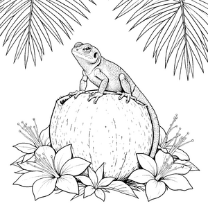 Exotischer Gecko auf Kokosnuss Bastelvorlage für junge Tropenfreunde