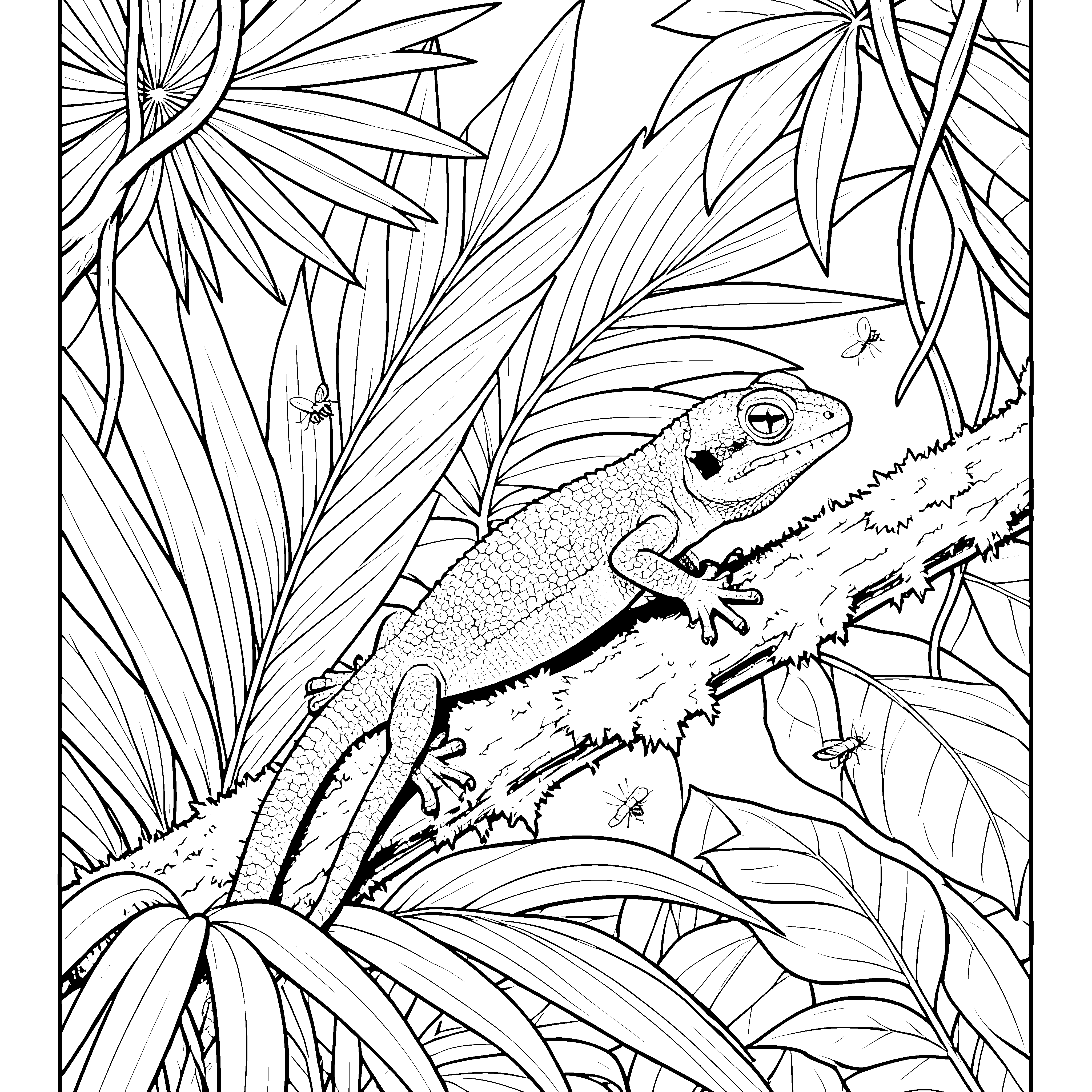 Mystischer Gecko im tropischen Dschungel Malvorlage für neugierige Pflanzenfreunde