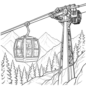 Abenteuerliche Seilbahnkabine über Nadelwald Malvorlage für junge Bergforscher