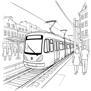 Moderne Straßenbahn an der Haltestelle Bastelvorlage für kleine Pendler