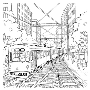 Lange Straßenbahn an der Haltestelle Ausmalbild für Bahnfreunde