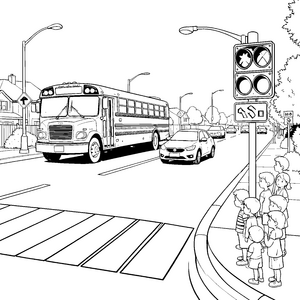 Lebhafte Szene mit Schulbus und Ampel Bastelvorlage für malfreudige Schulkinder