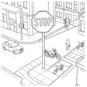 Geschäftige Kreuzung mit Stoppschild und Motorrad Malbild für Stadtbeobachter