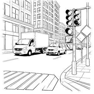 Städtische Straße mit Lieferwagen und Ampel Malvorlage für kleine Autofahrer