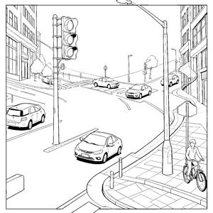Lebhafte Kreuzung mit Autos und Fahrrad Ausmalbild für verträumte Stadtfahrer