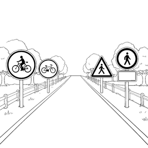 Klare Verkehrszeichen mit Fahrrad und Fußgängerschild Ausmalbild für kleine Straßenwisser