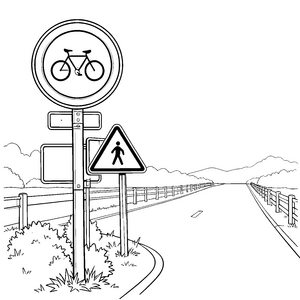 Bunte Verkehrszeichen mit Fahrrad Malbild für fröhliche Straßenkinder