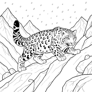 Wilder Schneeleopard im verschneiten Gebirge Bastelvorlage für neugierige Bergsteiger