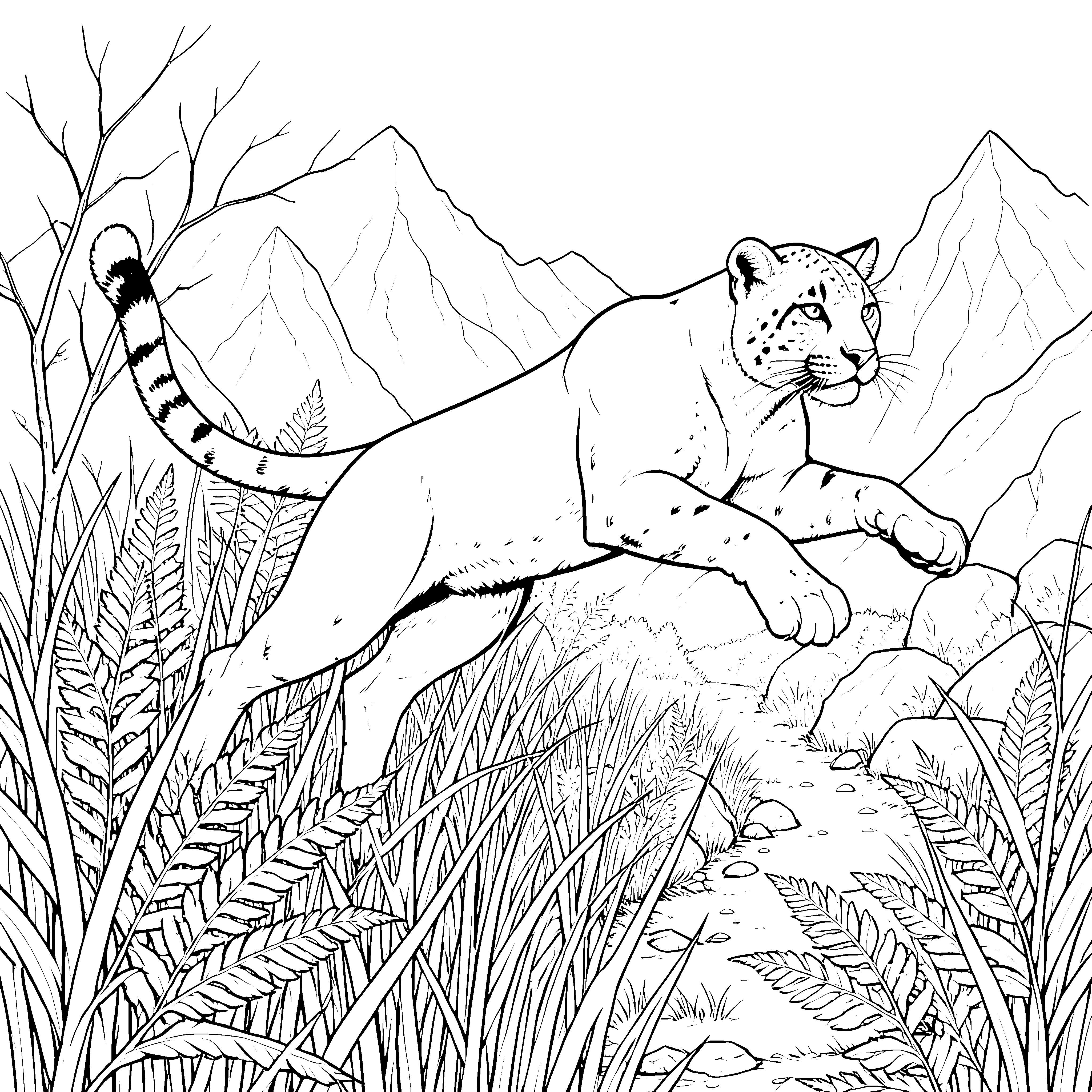 Dynamischer Puma in Farnen Ausmalbild für mutige Wildtierfreunde