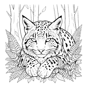 Ruhiger Luchs zwischen Farnen Bastelvorlage für mutige Waldgeister