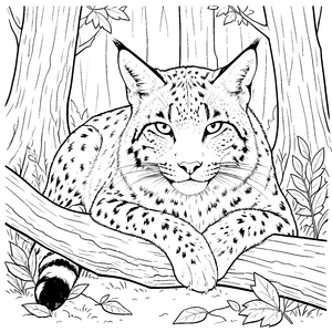 Entspannter Luchs auf Baumstamm Bastelvorlage für malfreudige Waldtiere