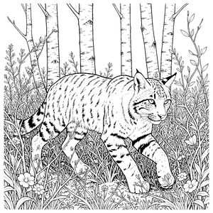 stolzer Luchs im Birkenwald Bastelvorlage für malfreudige Waldkinder
