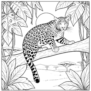 majestätischer Leopard auf Ast Ausmalbild für kreative Dschungelliebhaber