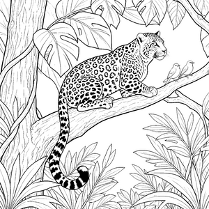 Flinker Leopard mit Vögeln Malvorlage für neugierige Dschungelbewohner