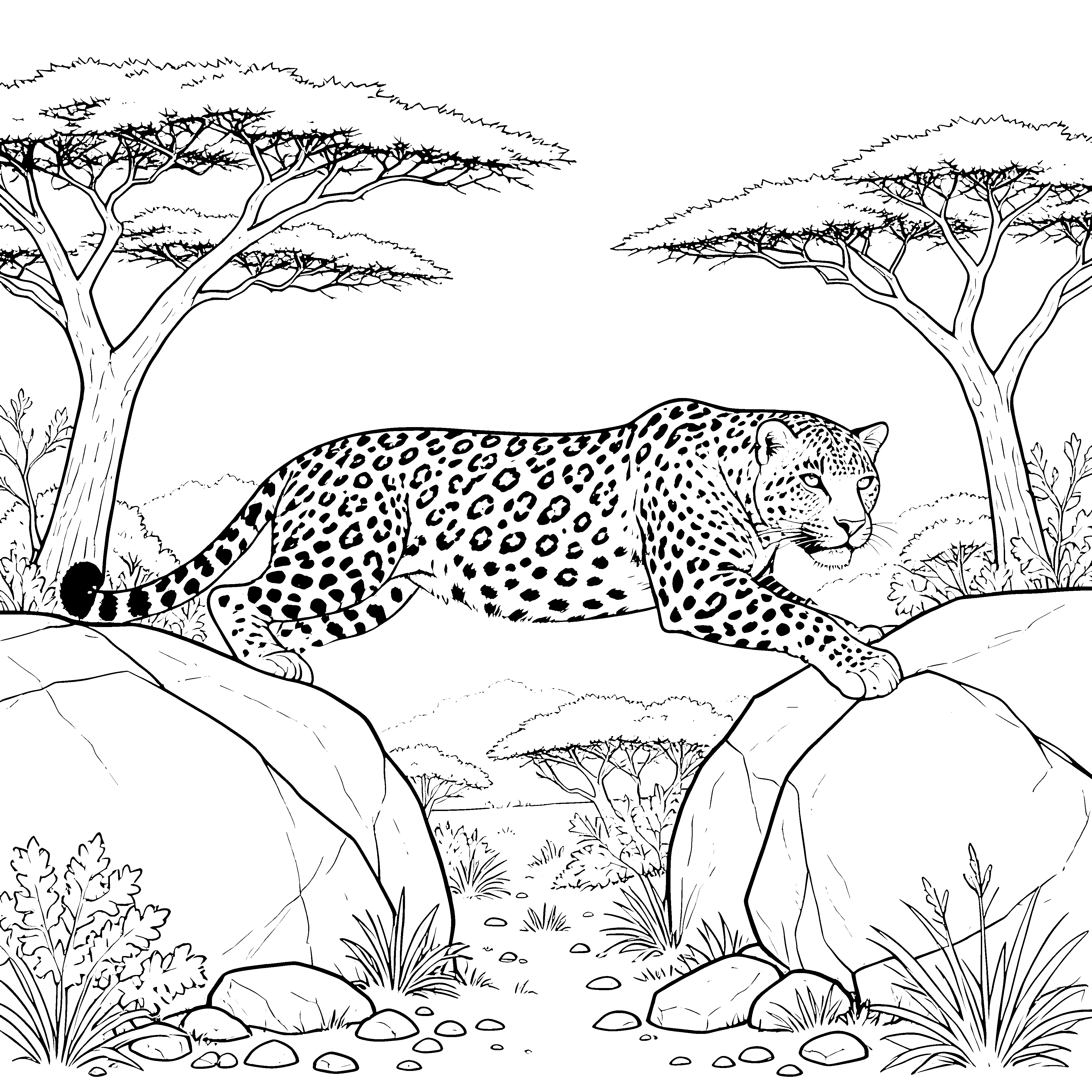 Stolzer Leopard auf Felsen Ausmalvorlage für kleine Savannenforscher