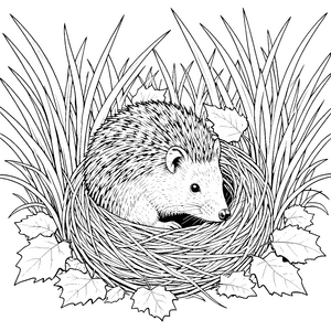 Aufmerksamer Igel im Heunest Ausmalvorlage für kleine Wiesenforscher