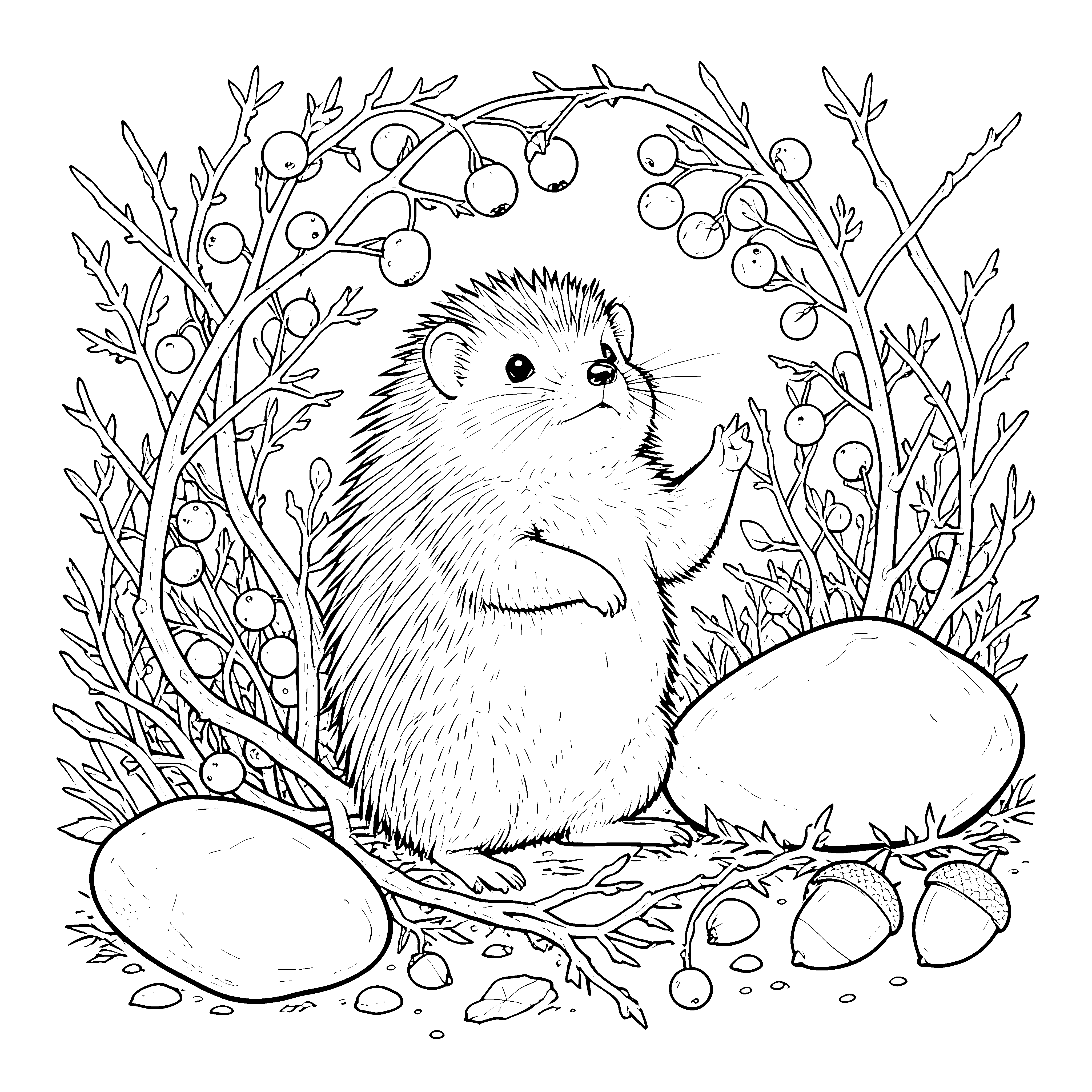 Entdeckerischer Igel unter Beerenbogen Ausmalvorlage für fröhliche Gartenfreunde