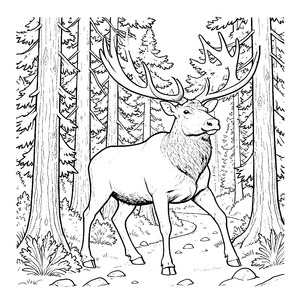Majestätischer Elch im Nadelwald Ausmalvorlage für fröhliche Waldfreunde