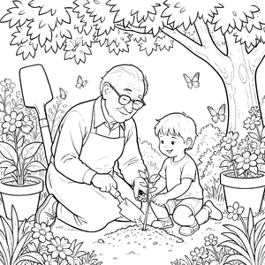 Gärtnernder Opa mit Schaufel Malvorlage für junge Gartenfreunde