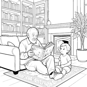 Gemütlicher Opa beim Vorlesen Malvorlage für kleine Zuhörer