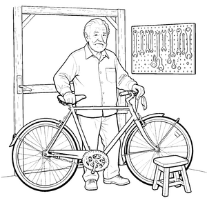 Stolzer Opa mit Fahrrad Ausmalvorlage für kleine Schrauber