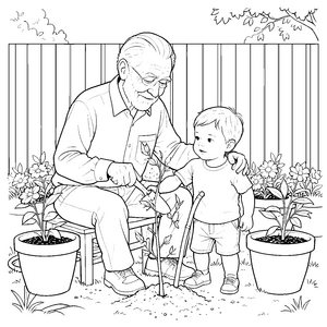 Liebevoller Opa beim Pflanzen Malvorlage für malfreudige Naturkinder