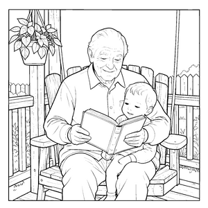 Sanfter Opa mit Buch auf der Bank Bastelvorlage für kleine Leser