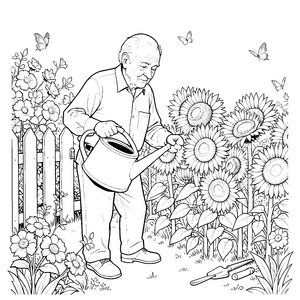 Idyllischer Opa mit Sonnenblumen Ausmalbild für fröhliche Gartenfreunde