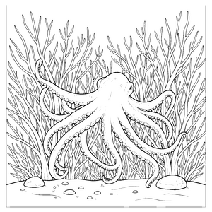 Majestätischer Oktopus im Seegras Ausmalbild für kleine Tiefseefreunde