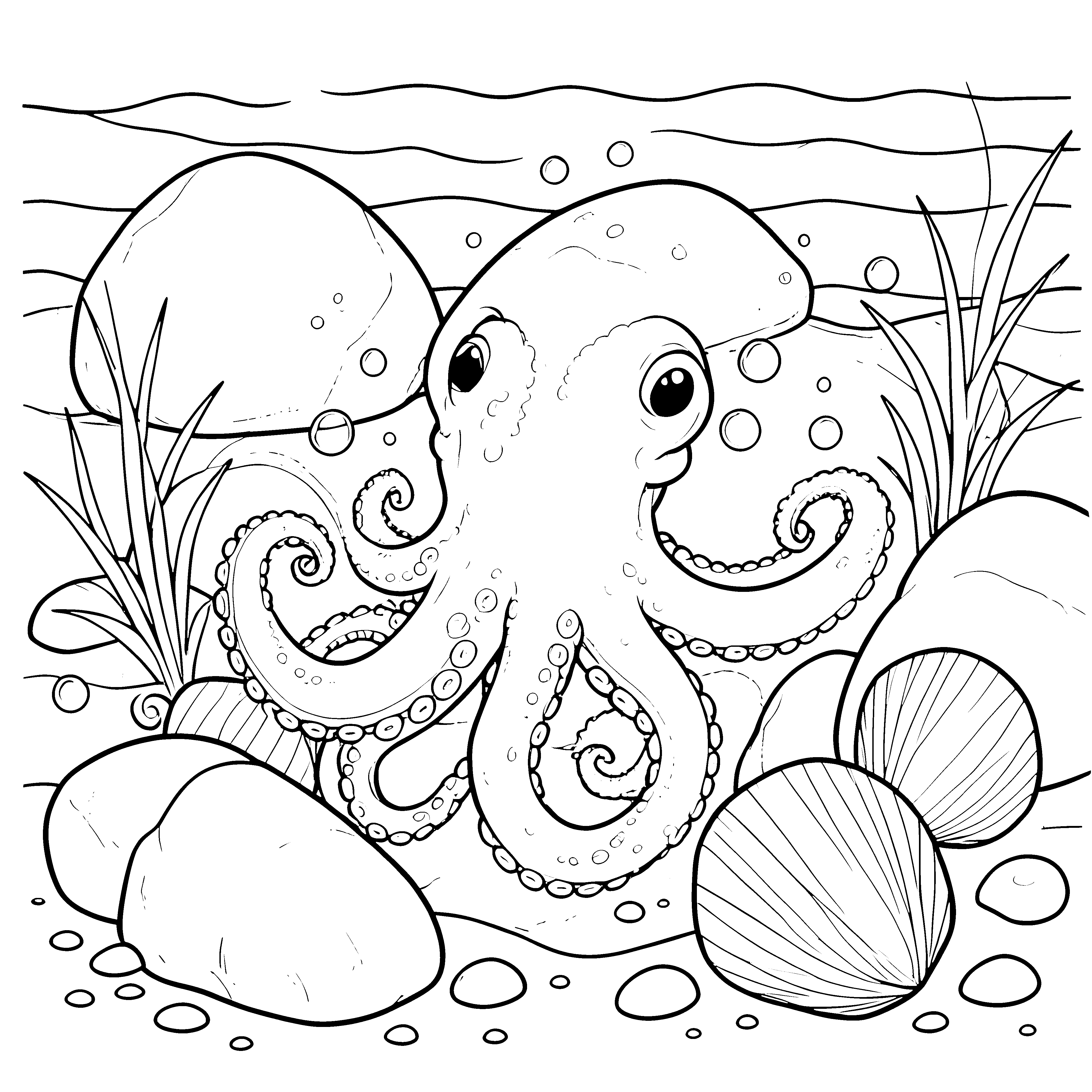 Mysteriöser Oktopus mit Muscheln Malvorlage für kleine Tiefseeabenteurer