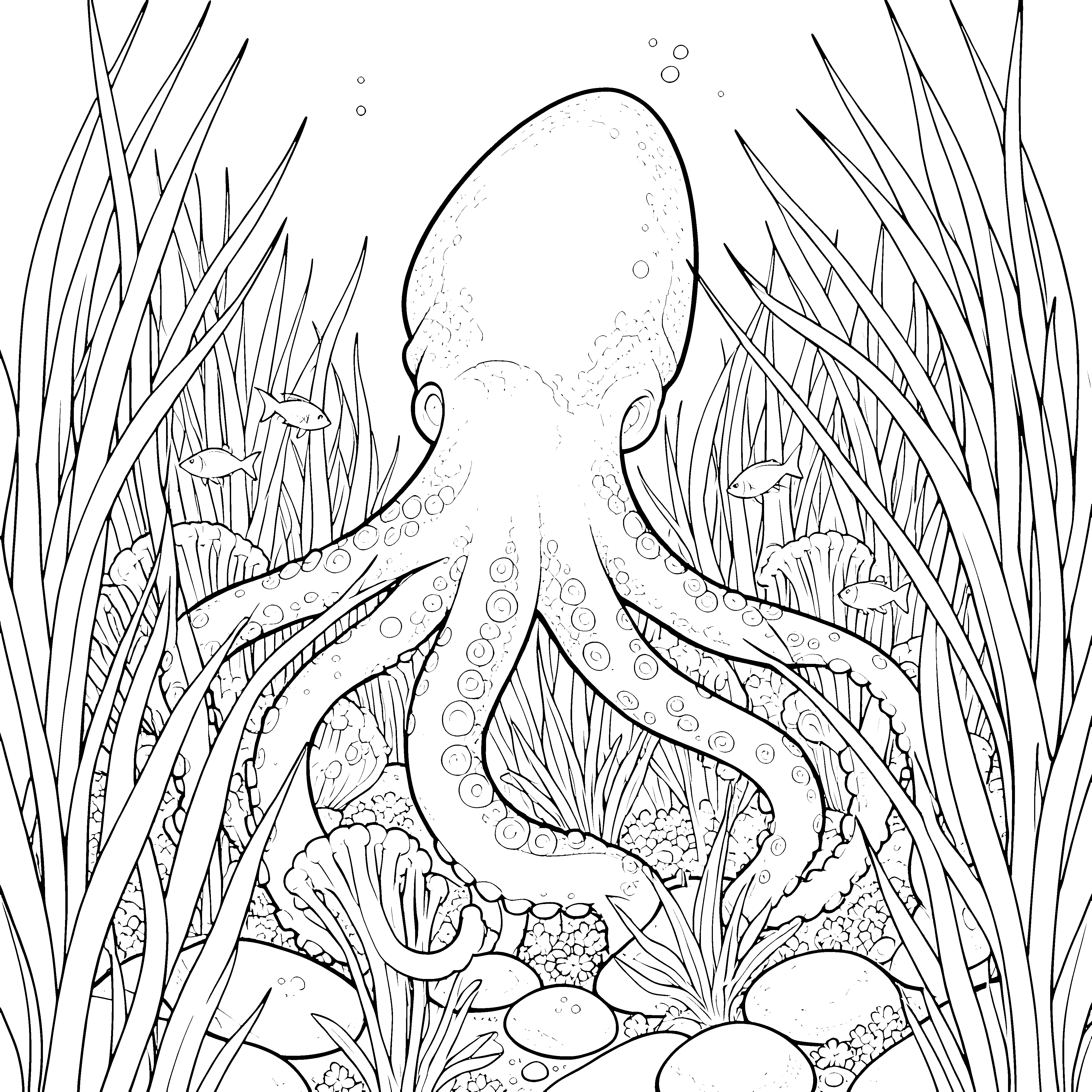 Prachtvoller Oktopus im Seegras Malbild für kleine Meeresbewohner