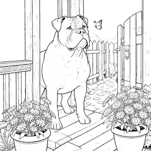Ruhiger Boxer bei Blumentöpfen Malbild für neugierige Blumenkinder