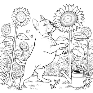 Neugieriger Boxer bei Sonnenblumen Malvorlage für junge Naturfreunde